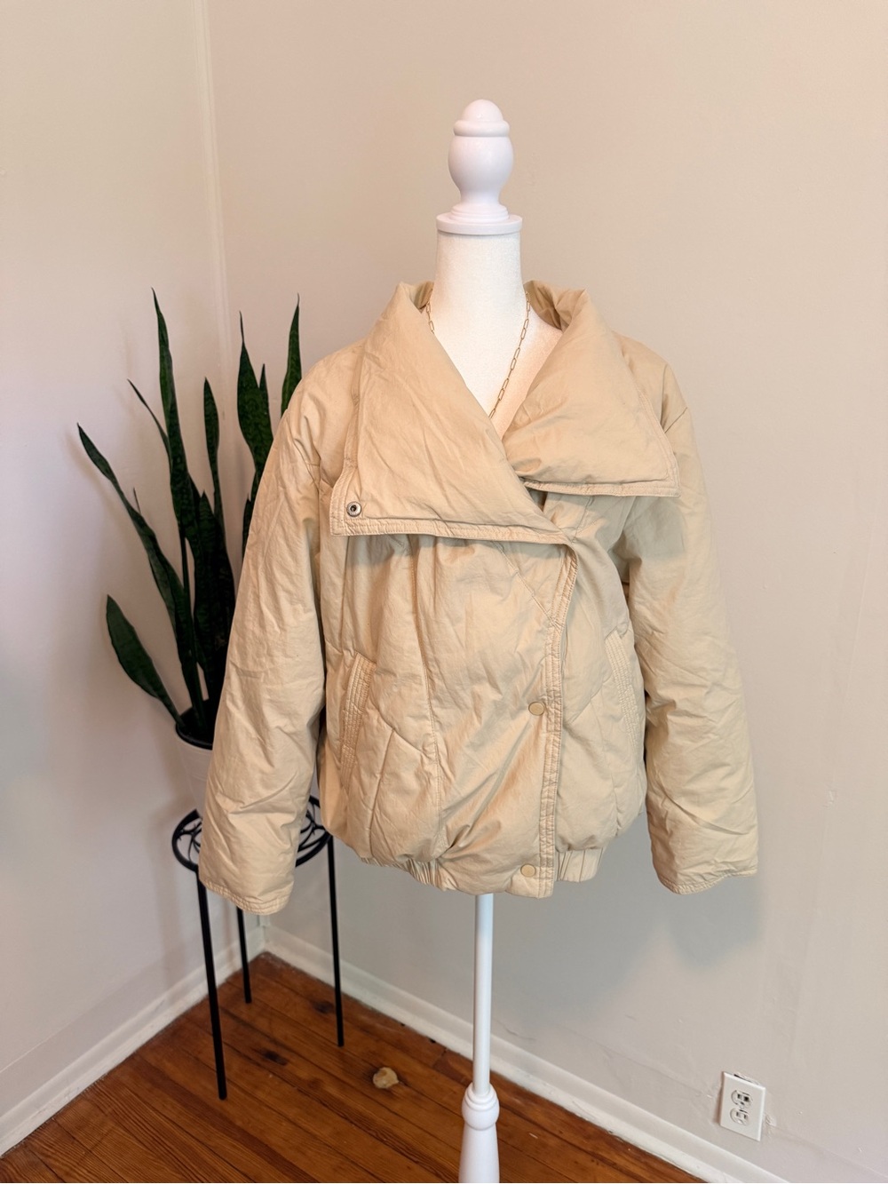 Pool | Tan Puffer Jacket with Oversized Fold Collar